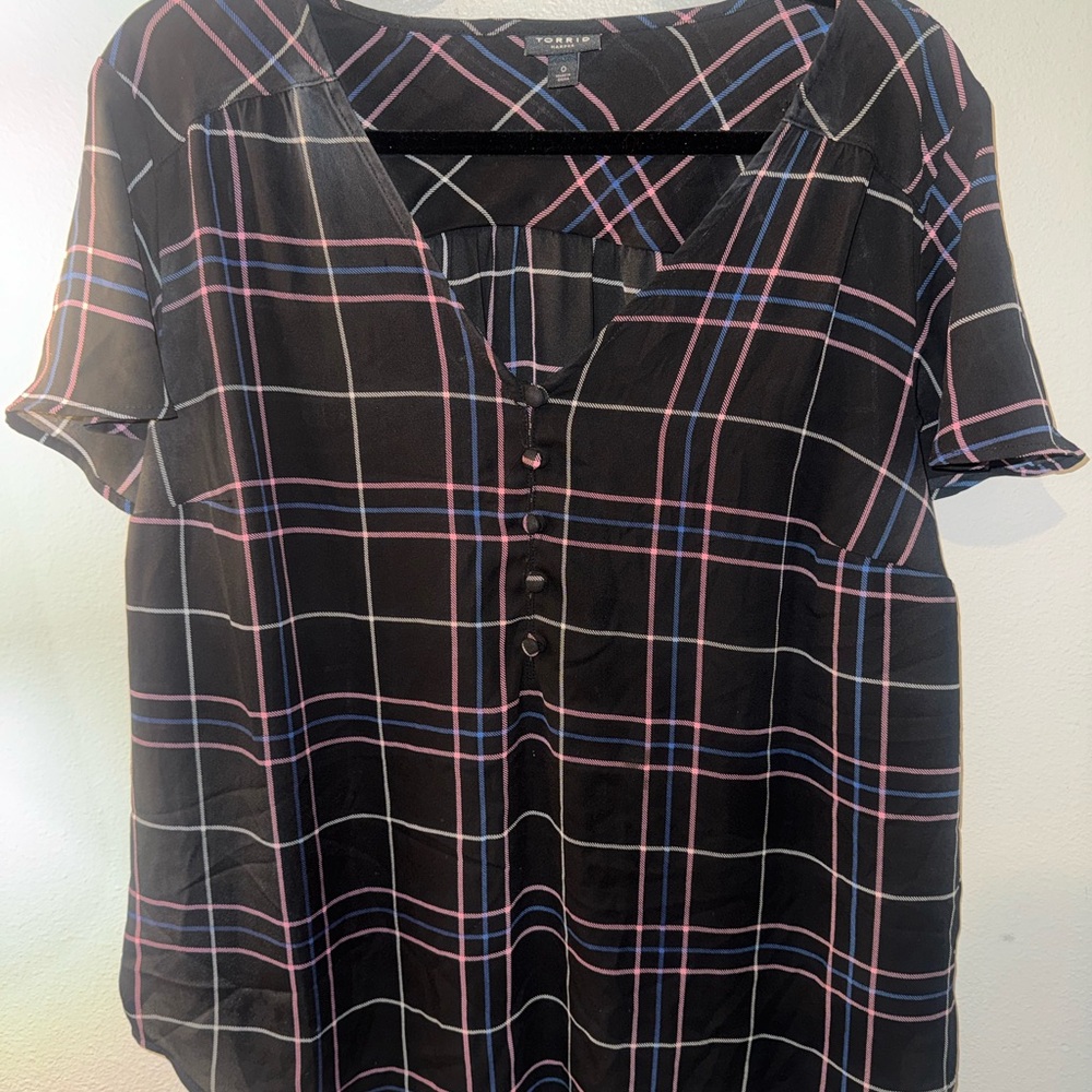Torrid Black Blouse with Pink and Blue Plaid